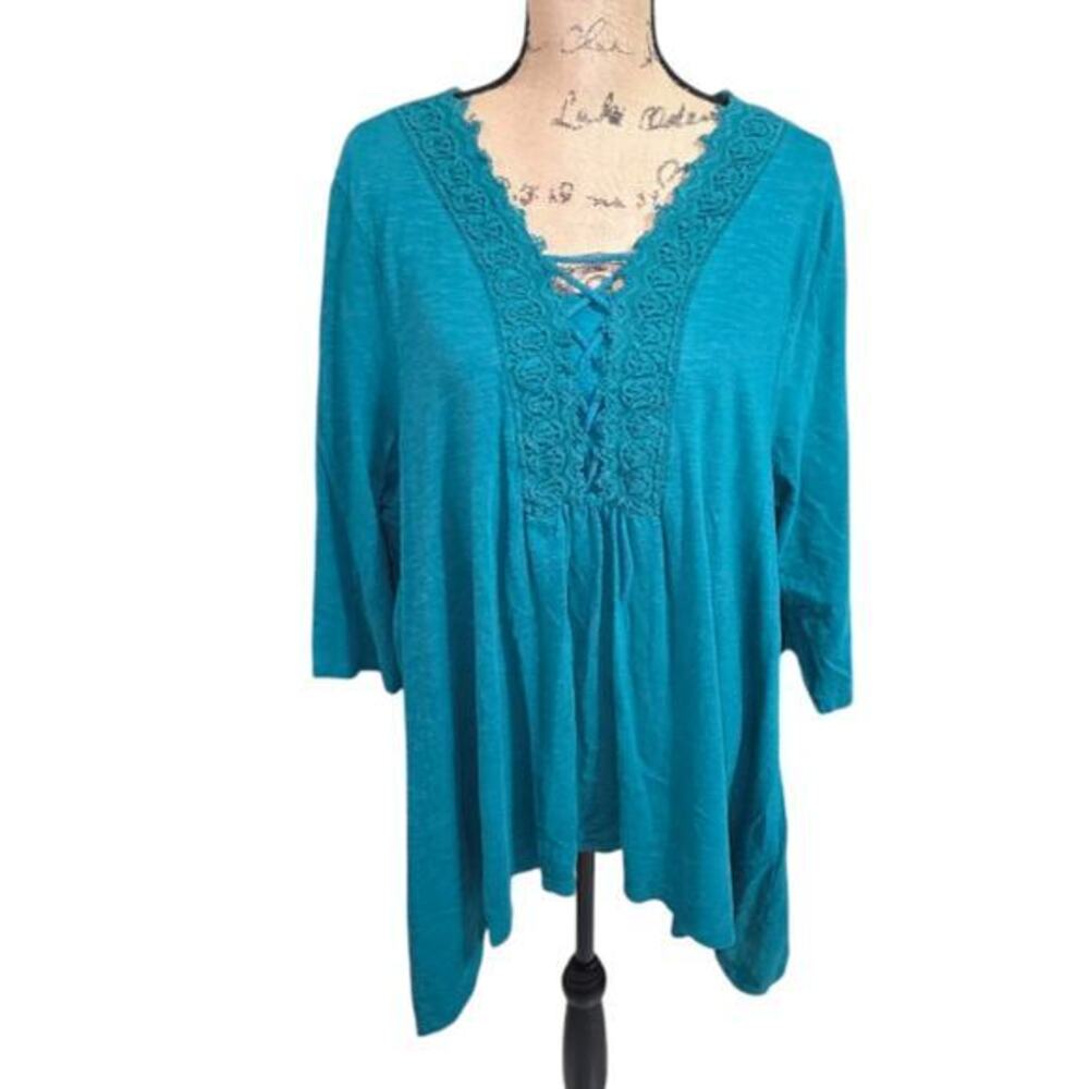 Chico's Teal Crochet Detail Shark Bite Hem Lace-Up Women's Top Size 4 XXL